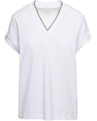 Brunello Cucinelli - V-neck T-shirt With Monile Detail In Stretch Cotton Woman - Lyst