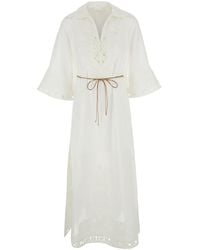Zimmermann - 'Indra' Long Dress With Wide Collar And All-Over Floral Embroidery - Lyst