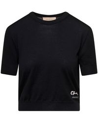 Gucci - Cropped T-Shirt With Logo Embroidery And Horsebit Intarsia - Lyst
