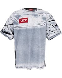 DIESEL - T-Shirt Effetto Slavato Con Logo Patch Grigia - Lyst
