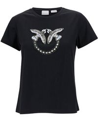 Pinko - Crewneck T-Shirt With Rhinestone Love Birds - Lyst