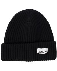 Ganni - Beenie With Logo Patch On The Front In Wool Blend - Lyst