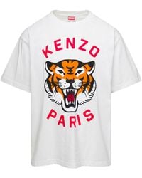 KENZO - T-Shirt Oversize Girocollo Con Stampa Logo Bianca - Lyst