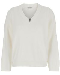 Brunello Cucinelli - Sweater With V Neck And Monile Detail On The Front - Lyst