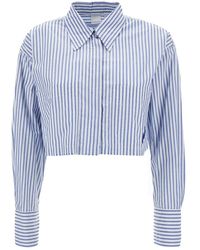 Pinko - Light Blue Cropped Striped Shirt With Two Patch Pockets In Cotton Blend Woman - Lyst