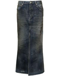 Balenciaga - Dark Blue Maxi Skirt With Crinkled Effect With Logo Patch In Cotton Denim Woman - Lyst