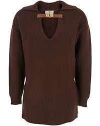 Elisabetta Franchi - Brown Sweater With Polo Shirt Style Collar And Buckle Detail On The Front In Wool Blend Woman - Lyst