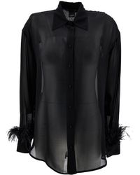 Pinko - 'circe' Black Semi-sheer Shirt With Feathers On Cuffs In Viscose Woman - Lyst