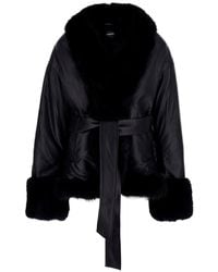 ROTATE BIRGER CHRISTENSEN - Jacket With Eco-Fur Inserts And Waist Belt - Lyst