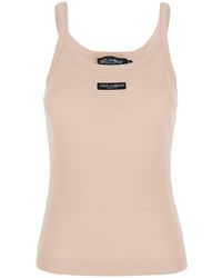 Dolce & Gabbana - Dolce & Gabbana Sleeveless Top With Round Neck And Logo Patch On The Front - Lyst