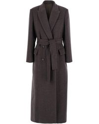 Brunello Cucinelli - Double-Breasted Coat With Peak Revers And Front Belt - Lyst