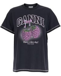 Ganni - Basic Cotton Jersey Raspberry Print Tshirts And Polo Shirts - Lyst