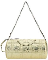 Tory Burch - Gold Shoulder Bag With Embossed Double T Logo In Metallic Leather Woman - Lyst