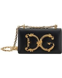 Dolce & Gabbana - Dg Girls Black Phone Bag With Chain Strap And Baroque Logo In Leather - Lyst