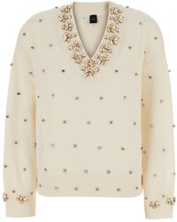 Pinko - 'Pigolo' Sweater With V-Neck And Jewel Decorations - Lyst