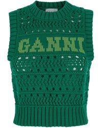 Ganni - Top Crochet Con Logo Intarsiato - Lyst