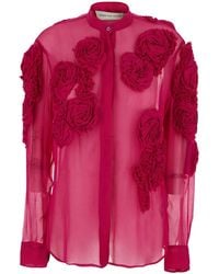 Dries Van Noten - Fuchsia Shirt With Mandarin Collar And 3D Floral Embroidery All-Over - Lyst