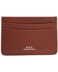 A.P.C. - Man's Brown Leather Card Holder With Logo Print - Lyst