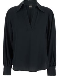Plain - Blouse With Polo Shirt Style Collar And V Neck - Lyst