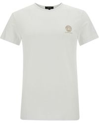 Versace - White T-shirt With Front Logo Print In Stretch Cotton - Lyst