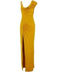 Versace - Abito Lungo Smanicato Con Placca Medusa Sulla Spallina E Drapp - Lyst