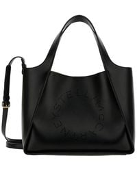 Stella McCartney - Black Tote Bag With Perforated Logo Lettering Detail At The Front In Faux Leather - Lyst