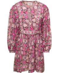 Isabel Marant - Floral Print Pink Mini Dress With Long Sleeves In Cotton - Lyst