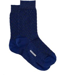 Missoni - Black And Blue Iconic Zig Zag Short Socks In Lightweight Lamé Knit Woman - Lyst