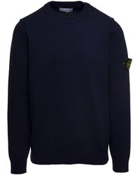 Stone Island - Blue Sweater With Long Sleeves And Side Logo Patch In Wool Blend Man - Lyst