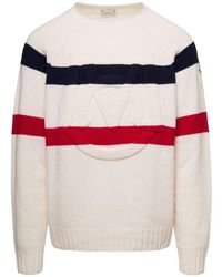 Moncler - Crewneck Jumper With Stripe Motif And Logo On The Front In Wool Blend Man - Lyst