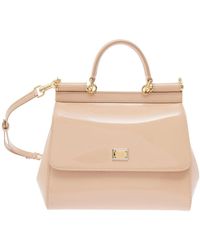 Dolce & Gabbana - 'sicily' Beige Handbag With Logo Plaque In Patent Leather Woman - Lyst