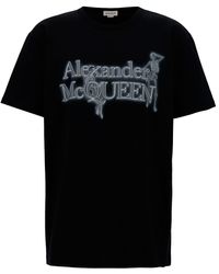 Alexander McQueen - Black Crewneck T-shirt With Logo Lettering And Skeleton Print In Cotton - Lyst