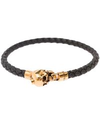 Alexander McQueen - Black Braided Leather Bracelet With Skull Detail In Brass - Lyst