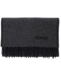 Fendi - Scarf With Fringed Hem And Logo Lettering On The Front In - Lyst