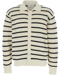 DUNST - Knitted Cardigan With Wide Collar And All-Over Stiped Moti - Lyst