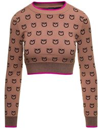 Pinko - Beige Cropped Sweater With All-over Love Birds Motif In Viscose Blend Woman - Lyst