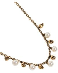Alexander McQueen Skull Necklace In Antique Brass With Pearls - Metallic