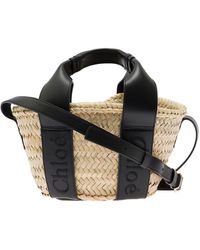 Chloé 'sense' Small Basket Bag With Logo Embroidered In Leather And Handbraided Raffia Woman - Black