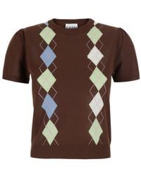 Ganni - Short-Sleeved Sweater With Argyle Motif On The Front - Lyst
