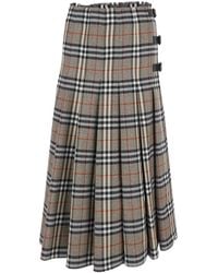 Burberry - Midi Skirt With Side Buckle Closure And All-Over Check Motif - Lyst