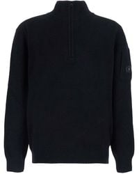 C.P. Company - C. P. Company Tech Fleece Knit Polo Neck Sweater With Logo Patch - Lyst