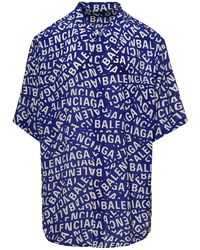 Balenciaga Camicia oversize con stampa logo lettering all-over in seta uomo - Blu