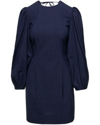 Ganni - Mini abito con iche a palloncino e scollo sul retro in tessuto blu navy - Lyst