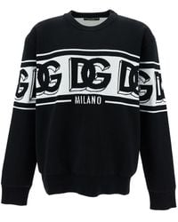 Dolce & Gabbana - Black Crewneck Sweater With Dg Motif In Wool Blend Man - Lyst