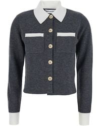 Self-Portrait - Cropped Cardigan With Contrasting Classic Collar And Two Front Patch Pockets - Lyst