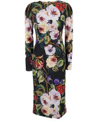Dolce & Gabbana - Midi Multicolor Sheath Dress With Rose Garden Print In Stretch Silk Woman - Lyst