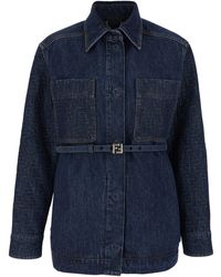 Fendi - Jacket With Pointed Collar And Waist Belt With Ff Plaque - Lyst