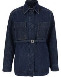 Fendi - Jacket With Pointed Collar And Waist Belt With Ff Plaque - Lyst
