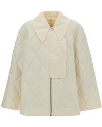Ganni - Cream Quilted Jacket With Oversized Collar - Lyst