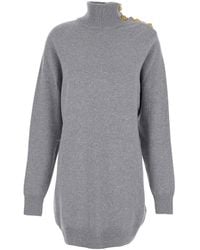 Balmain - Dress With High Neck And Metallic Logo Buttons - Lyst
